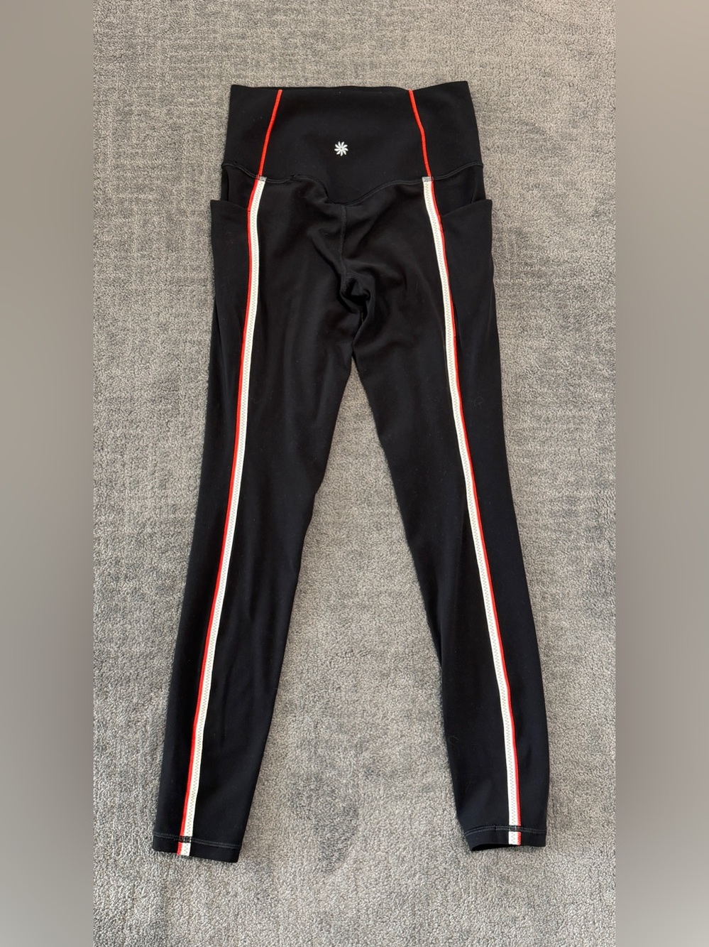 ATHLETA Salutation Stash Tipped Tight Leggings Side Stripe Black Red White